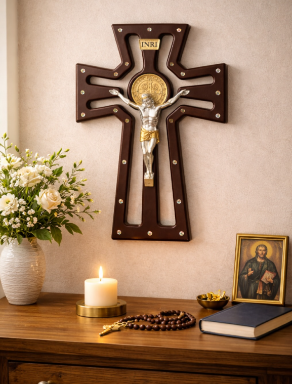 Crucifijo de pared inspirado en San Benito, en negro y dorado