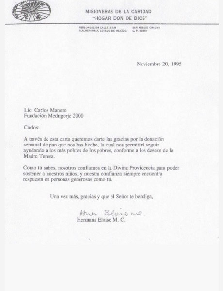 Carta de Misioneras de la Caridad Hogar Don de Dios