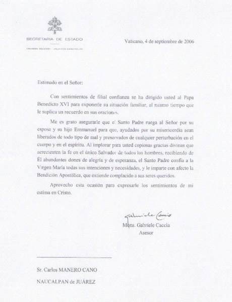 Carta de S.S. Benedicto XVI