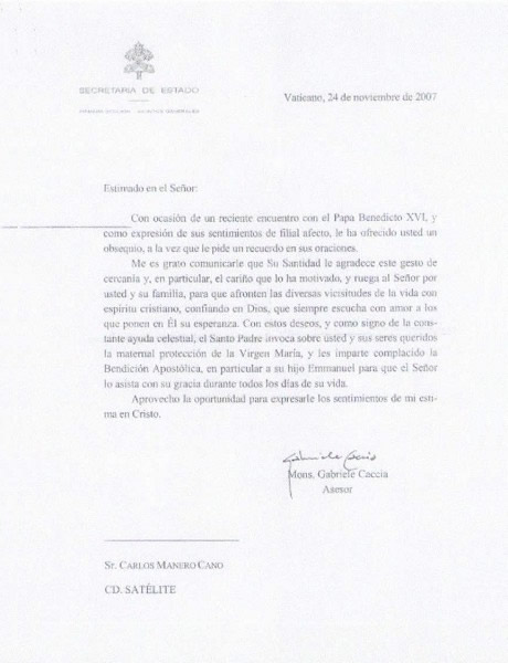 Carta de S.S. Benedicto XVI